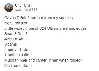 Le fughe di notizie sull'imminente Galaxy Z Fold 6 accennano ad aggiornamenti incrementali. (Fonte: Chun Bhai via Twitter)