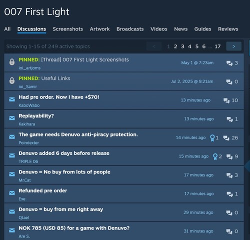 Denuvo si lamenta nel forum Steam di 007 First Light
