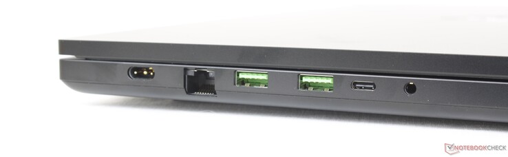 A sinistra: adattatore CA, RJ-45 da 2,5 Gbps, 2x USB-A 3.2 Gen. 2, USB-C con Power Delivery + DisplayPort 1.4, cuffie da 3,5 mm