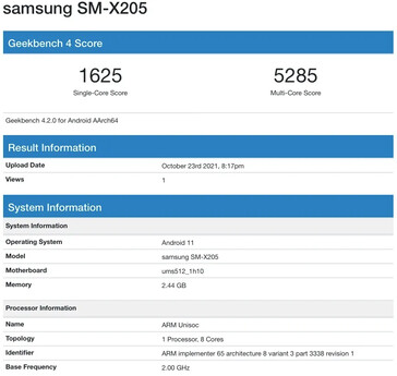 Il presunto Galaxy Tab A8 appare su Geekbench. (Fonte: Geekbench via 91Mobiles)