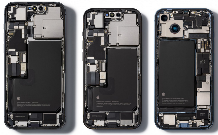 Interni e batteria dell'iPhone serie 14. (Fonte: iFixit)