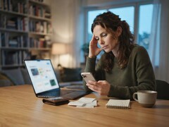 Una donna seduta a una scrivania guarda il proprio smartphone; accanto ad esso ci sono un computer portatile, alcune ricevute e un blocco note