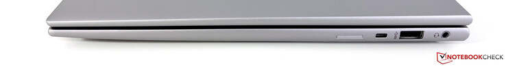 A destra: Slot Nano SIM (opzionale per i modelli WWAN), Kensington Nano Lock, USB-A 3.2 Gen.1 (5 GBit/s), audio 3,5 mm