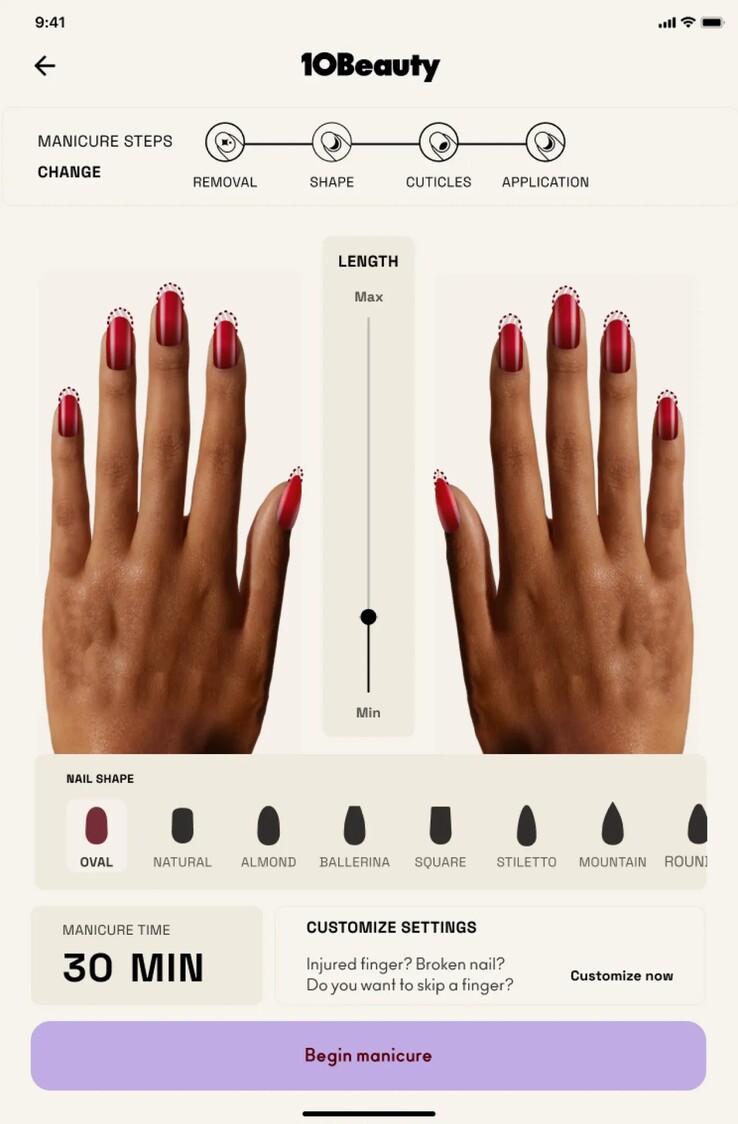 Tutti gli aspetti di una manicure 10Beauty, compresa la lunghezza del taglio, la forma della punta e altro ancora, possono essere personalizzati. (Fonte: 10Beauty)