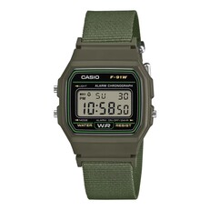 Orologio digitale Casio F-91WF-1A con cassa verde oliva e cinturino in tessuto intrecciato abbinato.
