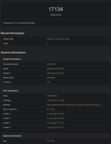 Parametro di riferimento Snapdragon 8 Gen 3 Vulkan (immagine via Geekbench)
