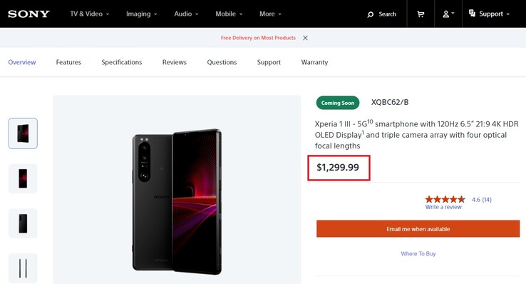 Il prezzo del Sony Xperia 1 III negli Stati Uniti. (Fonte: Sony)