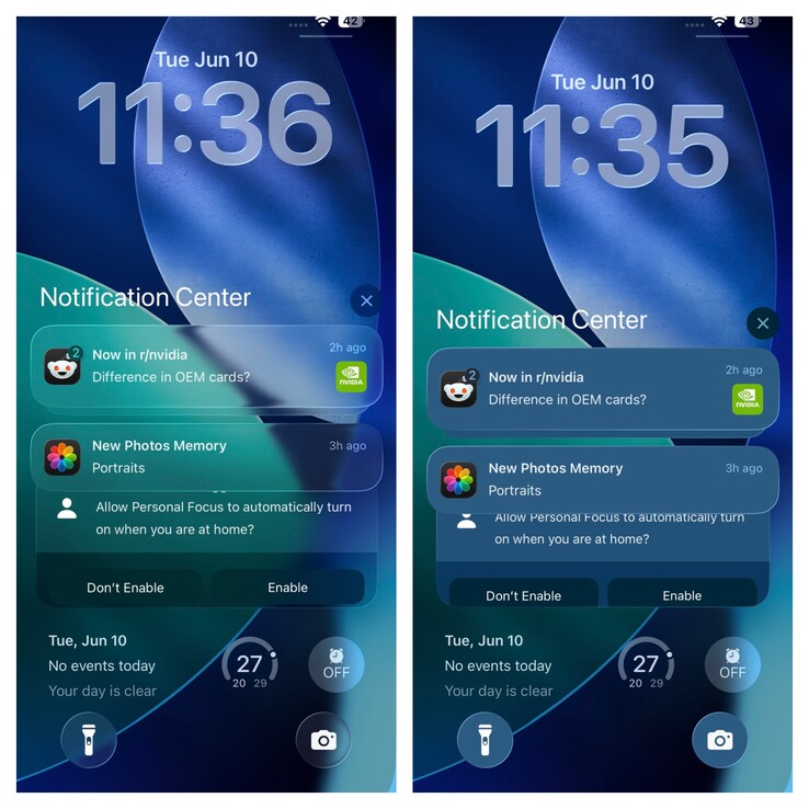schermata di blocco di iOS 26 con e senza trasparenza. (Fonte immagine: Vaidyanathan S. su X)