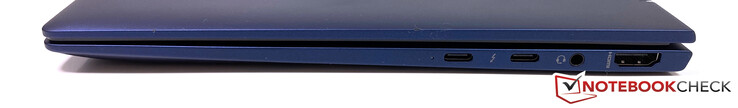 Lato destro: 2x Thunderbolt 3 (USB-C, Power Delivery 3.0), jack stereo da 3.5 mm, HDMI 1.4