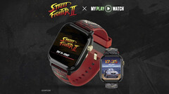 Orologio da gaming Street Fighter II: My Play Watch con cinturino rosso, dettagli con finitura dorata e un secondo display dell'orologio, su uno sfondo scuro testurizzato.