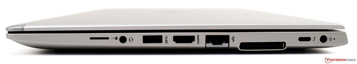 Destra: Micro-SIM, jack combinato cuffie e microfono, USB 3.1 Gen 1, HDMI 1.4b, RJ-45, porta docking, Thunderbolt (USB Type-C), alimentazione