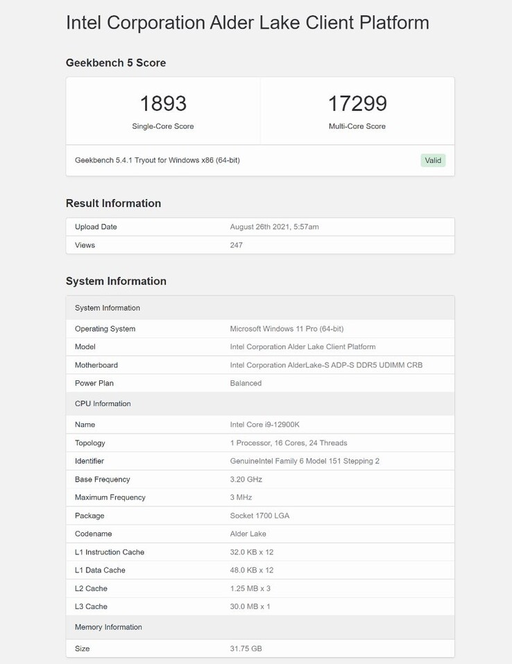 Intel Alder Lake Core i9-12900K su Geekebench. (Fonte: Geekbench)