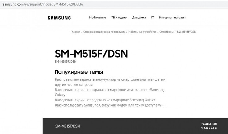 La pagina riportata su Samsung Russia (Image Source: gsmarena)