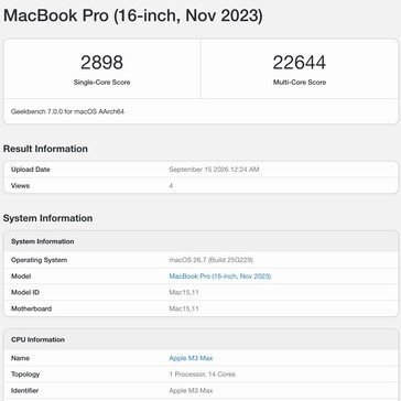 Risultato di Apple M3 Max su Geekbench 7.