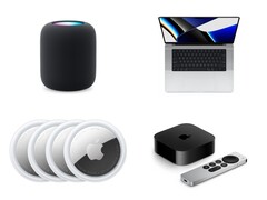 Collage che mostra un HomePod, MacBook Pro, AirTags e Apple TV con Siri Remote. (Fonte immagine: Apple)