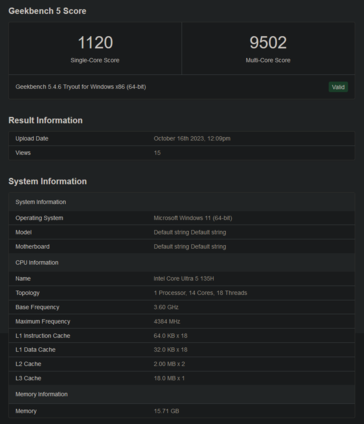 Prestazioni Intel Core Ultra 5 135H Geekbench (immagine via Geekbench)