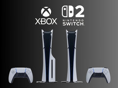 Le console PS5 sono mostrate sotto i loghi di Xbox e Nintendo Switch 2 (Fonte immagine: Sony PlayStation, Microsoft Gaming, Nintendo of America con modifiche)