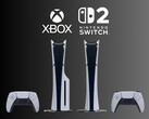Le console PS5 sono mostrate sotto i loghi di Xbox e Nintendo Switch 2 (Fonte immagine: Sony PlayStation, Microsoft Gaming, Nintendo of America con modifiche)