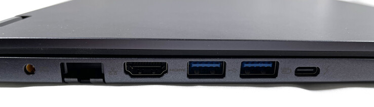 A sinistra: porta di ricarica, porta Gigabit Ethernet pieghevole, HDMI 2.0, 2x USB 3.2 Gen. 2, USB-C Thunderbolt 4 (con DisplayPort e Power Delivery)
