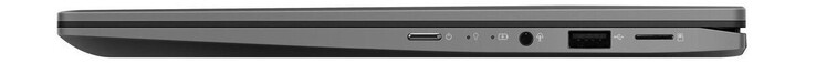 A destra: pulsante accensione, jack audio combinato da 3.5 mm, 1x USB 2.0 Type-A, lettore schede microSD