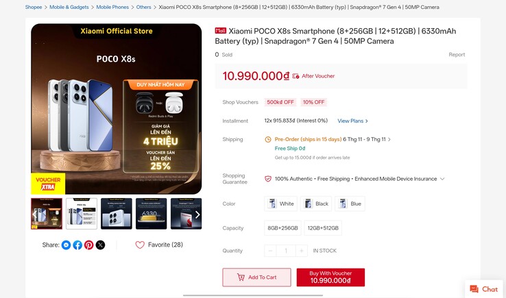 L'inserzione del Poco X8s come appariva sul negozio Shopee ufficiale di Xiaomi in Vietnam