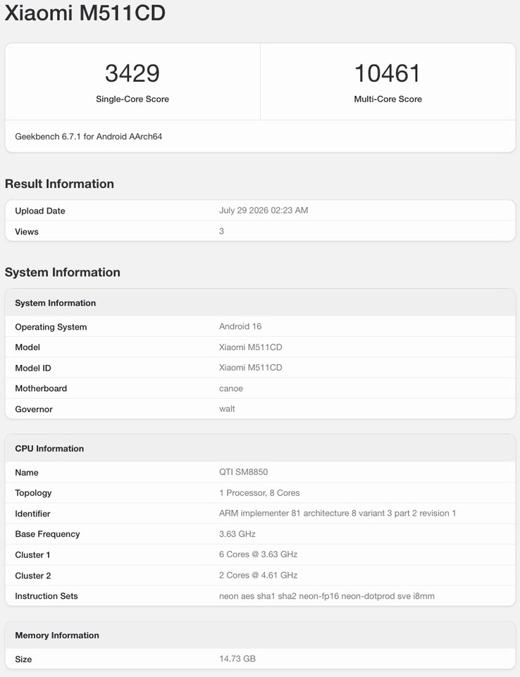 Scheda Geekbench del presunto Redmi K100 Pro.
