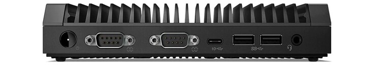 Lato Frontale: pulsante accensione, 2x seriali, USB 3.1 Gen 2 Type-C, 2x USB 3.1 Gen 2 Type-A, jack microfono/cuffie