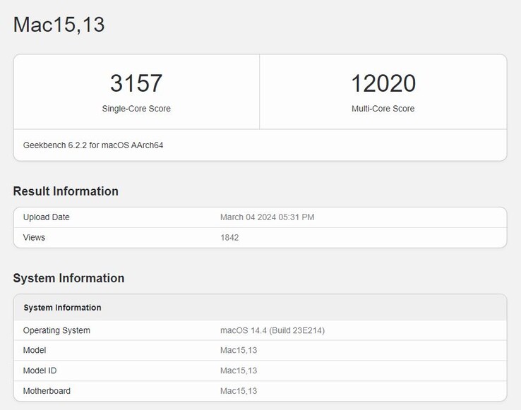 I punteggi del benchmark Geekbench 6 del MacBook Air con motore M3. (Fonte: Geekbench)