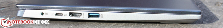 A sinistra: adattatore AC (spina a barile), USB Type-C 3.1 con PD e DisplayPort, HDMI, USB-A 3.1
