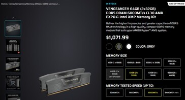 Corsair Vengeance 64GB DDR5 RAM kit prezzo attuale. (Fonte immagine: Corsair)