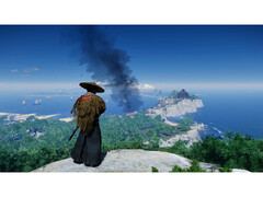 Una foto del paesaggio di Ghost of Tsushima che mostra Jin in piedi su una montagna che domina l'isola. (Fonte immagine: Steam)