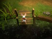 Quill riposa su un ponte di legno in Moss: The Forgotten Relic.