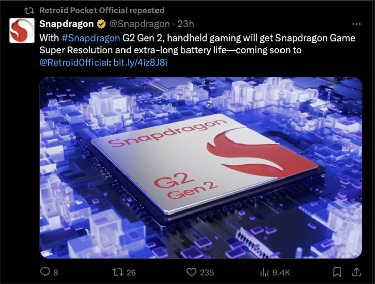 Qualcomm ha annunciato l'utilizzo dello Snapdragon G2 Gen 2 da parte di Retroid a marzo. (Fonte: Qualcomm &amp; X)