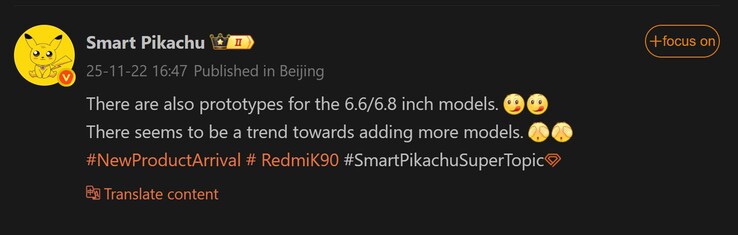 Smart Pikachu riferisce sulle dimensioni dello schermo di Redmi K90 Pro (Fonte immagine: Weibo - traduzione automatica)