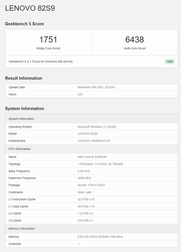 Intel Alder Lake-P Core i9-12900HK Geekbench. (Fonte: Geekbench)