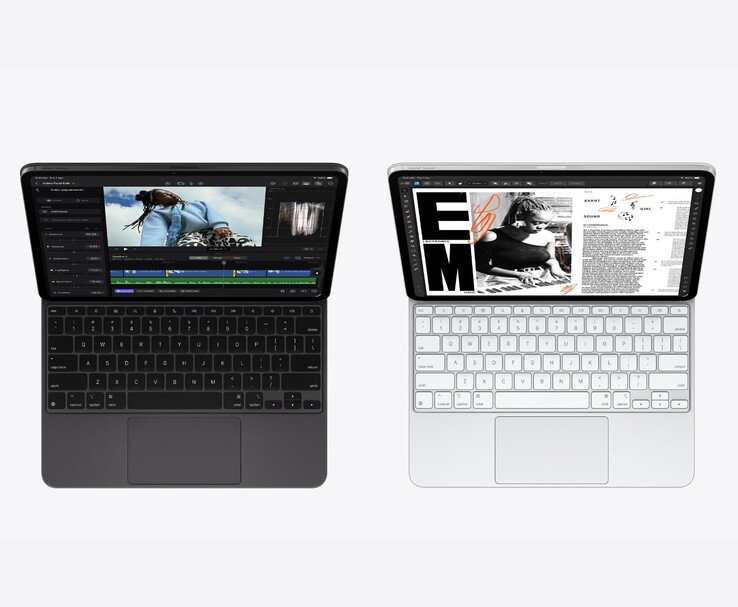 Apple i modelli iPad Pro M5 in nero spaziale e argento con Magic Keyboard, mostrano le app di editing video e documenti sul display OLED Ultra Retina XDR (Fonte immagine: Apple)