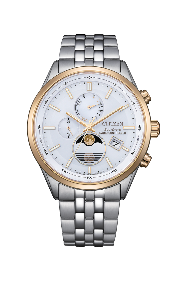 Orologio Citizen BY1034-59A Eco-Drive con fasi lunari, caratterizzato da un quadrante bianco e da un bracciale bicolore in acciaio inossidabile.