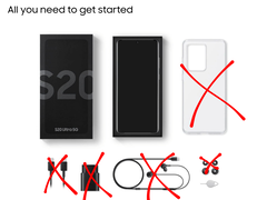 Contenuto della confezione di vendita del Samsung Galaxy: telefono, scatola e custodia, con caricabatterie, cavo e auricolari barrati
