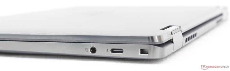 A destra: cuffie da 3,5 mm, USB-C 3.2 con Thunderbolt 4 + Power Delivery + DisplayPort, chiusura a cuneo