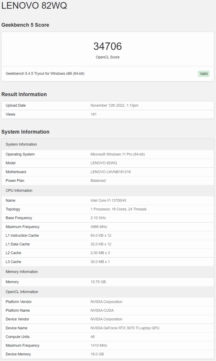 Intel Raptor Lake Core i7-13700HX nel Lenovo IdeaPad 330 su Geekbench. (Fonte: Geekbench)