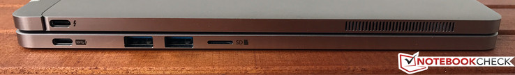 Lato Sinistro: USB-C w/ Thunderbolt 3, ventilazione (tablet), USB-C 3.1 w/ Alimentazione, 2x USB-A 3.0, microSD (tastiera)