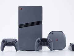 Console PlayStation 5 Pro 30th Anniversary in edizione limitata in grigio retrò con due controller DualSense abbinati, una custodia per il trasporto e un dock di ricarica per controller. (Fonte immagine: Sony Interactive Entertainment)