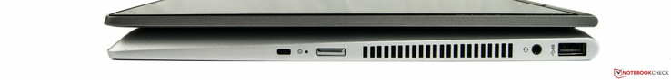 Lato sinistro: USB-A, presa stereo combinata, alimentazione, blocco di sicurezza