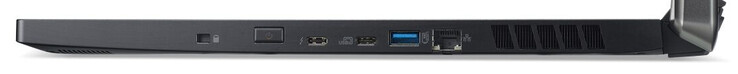 A destra: Lock slot, pulsante accensine, Thunderbolt 3, USB 3.2 Gen 1 (Type-C), USB 3.2 Gen 1 (Type-A), Gigabit Ethernet