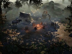 Un'immagine che mostra un accampamento e dei mercenari a Wartales.