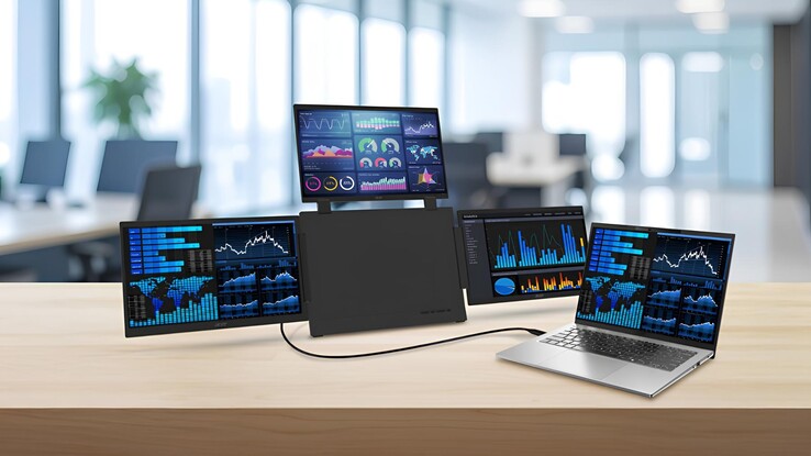 L’immagine mostra il monitor portatile Acer PD163Q abbinato a un laptop in modalità di estensione dello schermo 