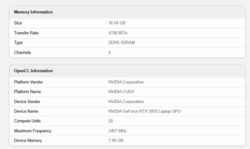 GeForce Specifiche del laptop RTX 5050 (fonte: Geekbench)