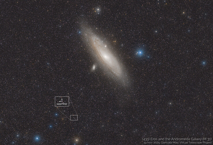 Immagine che mostra la posizione di 433 Eros e della galassia di Andromeda il 19 novembre 2025. (Fonte: Gianluca Masi, Virtual Telescope Project)