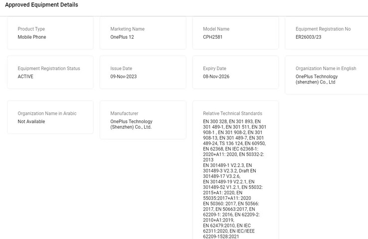 Secondo quanto riferito, il OnePlus 12 è stato inserito nel database di TDRA. (Fonte: TDRA via MySmartPrice)