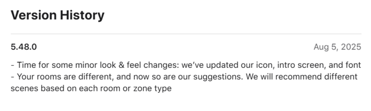 Le note di rilascio della versione 5.48.0 dell'applicazione Philips Hue. (Fonte: Apple App Store)